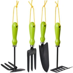 Relaxdays Set Attrezzi Giardino, Kit Da 4 Pz., Tridente , Rastrello, Paletta & Zappetta, Giardinaggio, Ferro, Verde
