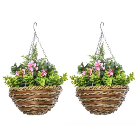 Outsunny Set Di 2 Piante Finte Lisianthus Da Appendere Per Interno Ed Esterno Con Vaso In Vimini E Catenelle, Ф25x34cm, Rosa E Verde 1 Outsunny Set Di 2 Piante Finte Lisianthus Da Appendere Per Interno Ed Esterno Con Vaso In Vimini E Catenelle, Ф25x34cm, Rosa E Verde