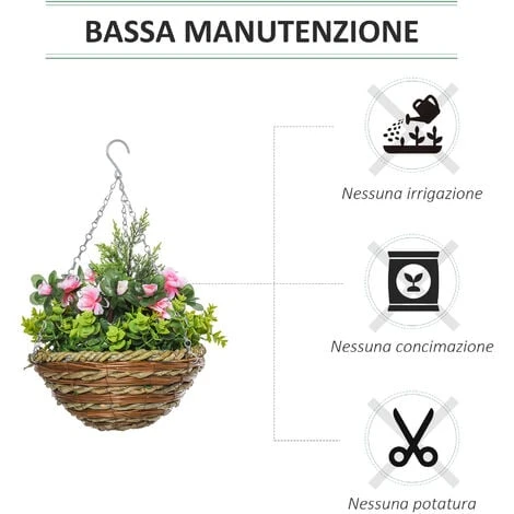 Outsunny Set Di 2 Piante Finte Lisianthus Da Appendere Per Interno Ed Esterno Con Vaso In Vimini E Catenelle, Ф25x34cm, Rosa E Verde 5 Outsunny Set Di 2 Piante Finte Lisianthus Da Appendere Per Interno Ed Esterno Con Vaso In Vimini E Catenelle, Ф25x34cm, Rosa E Verde - immagine 5