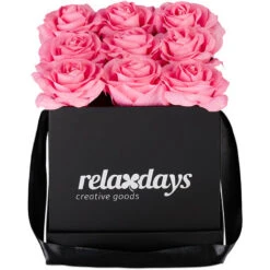 Relaxdays Bouquet Di Rose Quadrato, Scatola Nera Box Con 9 Fiori Finti Durevoli Nel Tempo, Idea Regalo Elegante, Rosa
