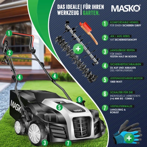 MASKO® Scarificatore Arieggiatore Elettrico 2in1 Per Prato -1800 Watt - Larghezza Di Lavoro 40 Cm - Sacco Di Raccolta Da 55L - Incl. Rullo Arieggiatore - Aeratore Per Rimozione Muschio - Profondità D 2 MASKO® Scarificatore Arieggiatore Elettrico 2in1 Per Prato -1800 Watt - Larghezza Di Lavoro 40 Cm - Sacco Di Raccolta Da 55L - Incl. Rullo Arieggiatore - Aeratore Per Rimozione Muschio - Profondità D - immagine 2