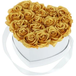 Relaxdays Bouquet Rose Eterne, Box Bianca A Cuore, 18 Fiori Finti, Elegante Idea Regalo, Scatola Romantica, Bianco Oro