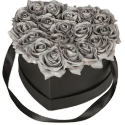 Relaxdays Bouquet Rose Eterne, Box A Cuore, Mazzo 18 Fiori Finti, Elegante Idea Regalo, Scatola Romantica, Nero Argento