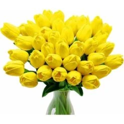 Fiori Di Tulipano Artificiale, 10 Pezzi Di Fiori In Lattice Con Tocco Reale Tulipani Con Foglie, Decorazione Elegante Per Banchetti Nuziali, Cucina Domestica (Giallo)