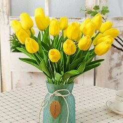 Fiori Di Tulipano Artificiale, 10 Pezzi Di Fiori In Lattice Con Tocco Reale Tulipani Con Foglie, Decorazione Elegante Per Banchetti Nuziali, Cucina Domestica (Giallo) -Negozio al dettaglio Piante Casa 59305553 5