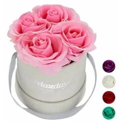 Relaxdays Rosenbox Bouquet Rotondo, 4 Rose, Grigio, Resistente 10 Anni, Idea Regalo, Box Decorativo, Colore: Rosa, 14 X 12 X 12 Cm