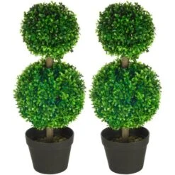 HOMCOM Set Da 2 Piante Di Bosso A 2 Sfere Realistiche Con Vaso Incluso, A Fondo Rinforzato Ed Erba, 60 Cm